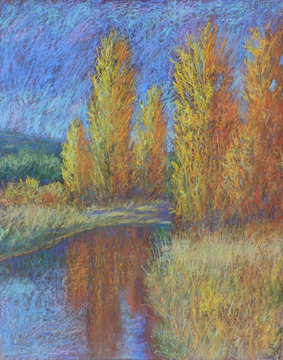 Malerei mit dem Titel "Autumn river" von Nino Gudadze, Original-Kunstwerk, Pastell