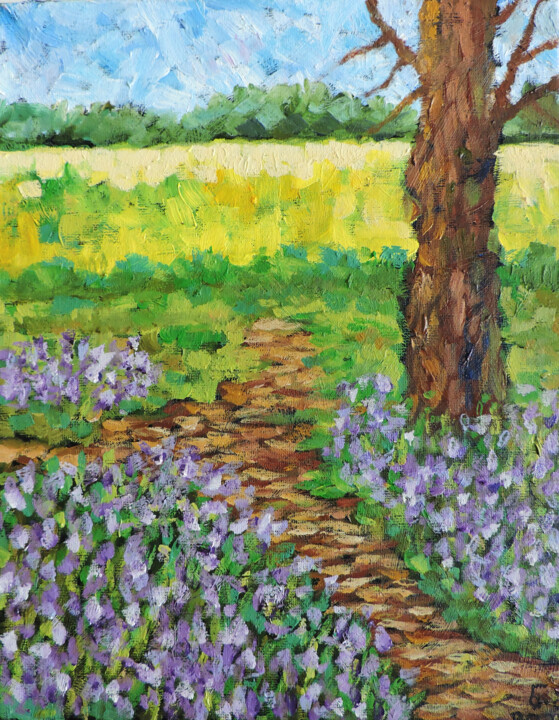 Pintura intitulada "purple flower meadow" por Nino Gudadze, Obras de arte originais, Óleo