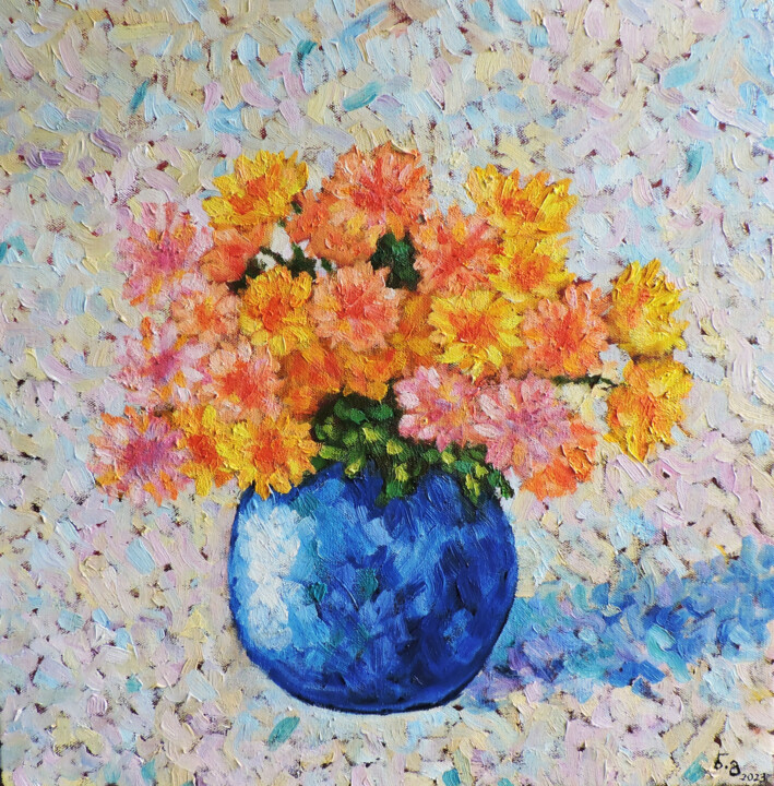 Painting titled "Flowers in blue vase" by Nino Gudadze, Original Artwork, Oil