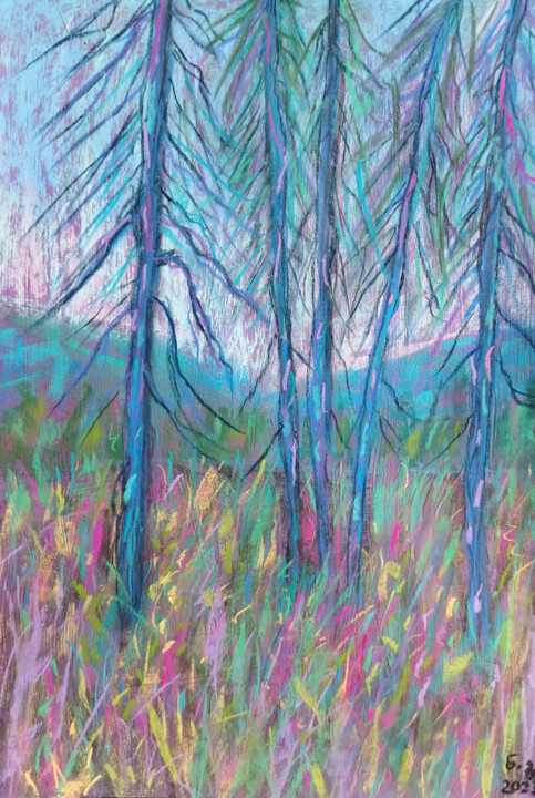 Painting titled "Blue forest" by Nino Gudadze, Original Artwork, Pastel