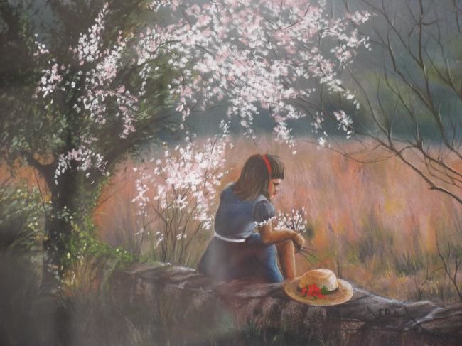 Pintura titulada "enfant sous les cer…" por Jeanine Jean, Obra de arte original, Oleo