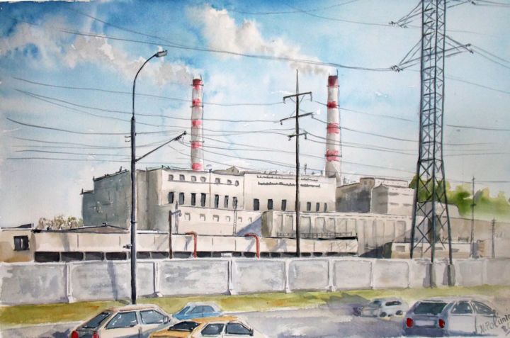 Painting titled "Industrial area 2" by Nina Polunina, Original Artwork, Watercolor