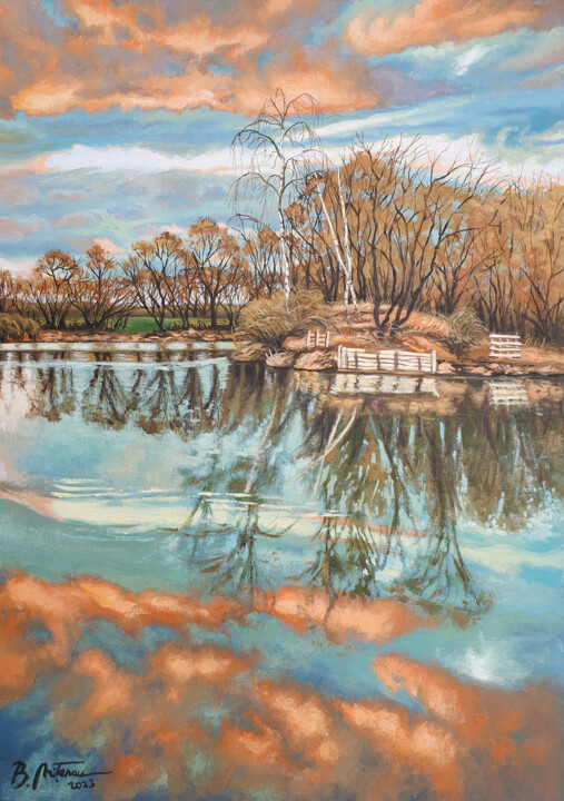 Painting titled "Reflections" by Bogdan Nitescu, Original Artwork, Oil Mounted on Wood Stretcher frame