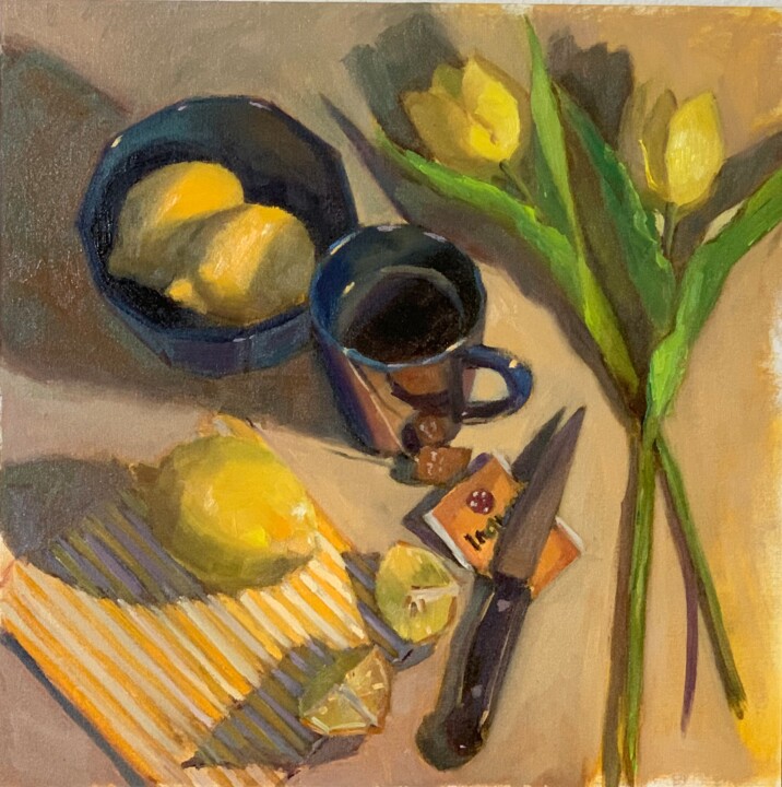 Painting titled "Lemons and Tea" by Nithya Swaminathan, Original Artwork, Oil Mounted on Wood Panel