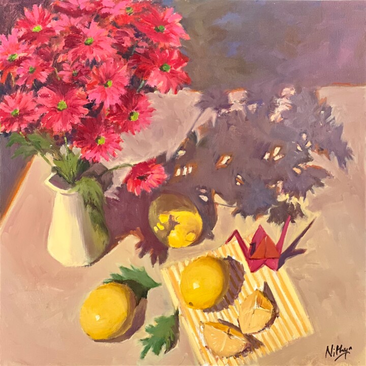 Malerei mit dem Titel "Pink flowers in sun…" von Nithya Swaminathan, Original-Kunstwerk, Öl Auf Holzplatte montiert