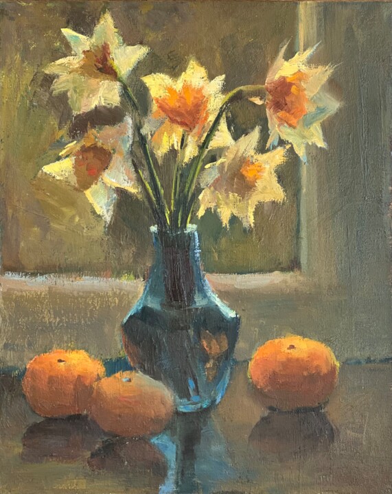 Painting titled "Backlit daffodils a…" by Nithya Swaminathan, Original Artwork, Oil Mounted on Wood Panel