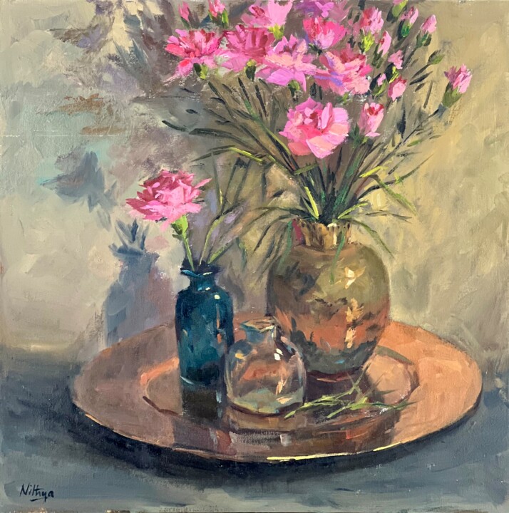 Painting titled "Pink flowers on a p…" by Nithya Swaminathan, Original Artwork, Oil