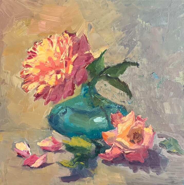 Peinture intitulée "Roses and blue jar" par Nithya Swaminathan, Œuvre d'art originale, Huile Monté sur Panneau de bois