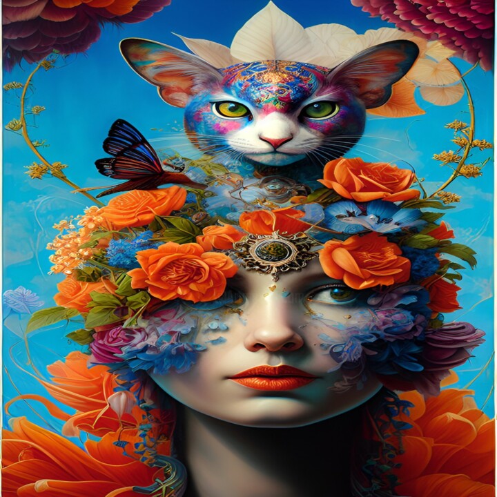 Digital Arts titled "Woman and Cat" by Nivaldo Nieto Ortega, Original Artwork, AI generated image