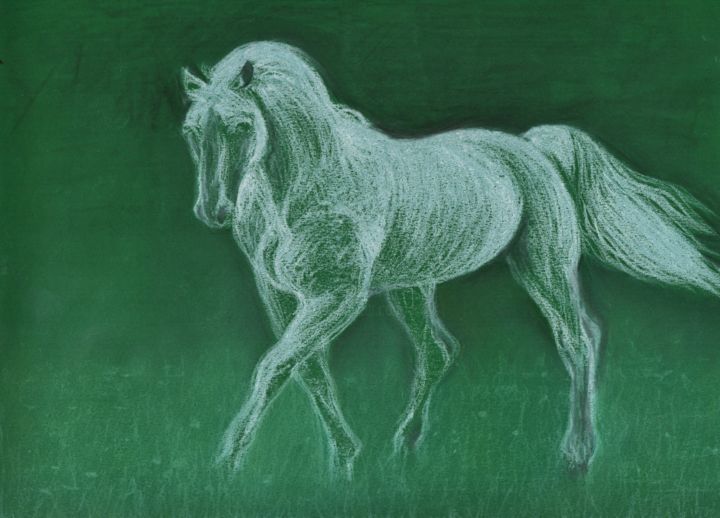 Drawing titled "WHITE MARE" by Nives Palmić, Original Artwork, Charcoal