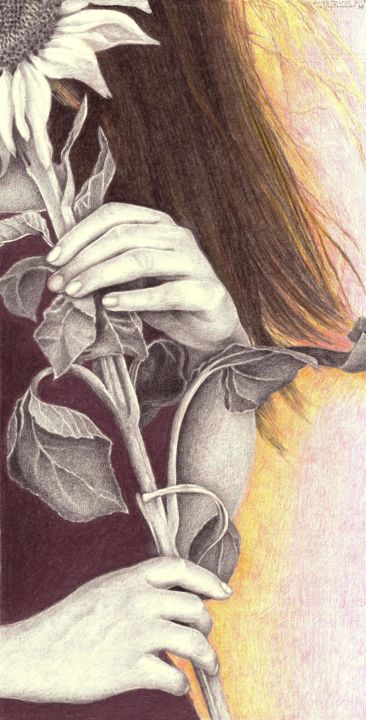 Dibujo titulada "GIRL AND THE SUNFLO…" por Nives Palmić, Obra de arte original, Carbón
