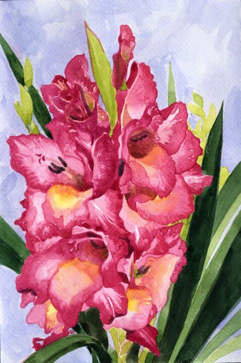 Painting titled "GLADIOLAS II" by Nives Palmić, Original Artwork, Watercolor