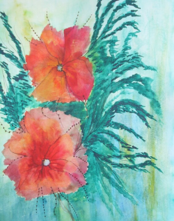 Painting titled "fleurs-7-aquarelle-…" by Nizard Dominique, Original Artwork, Watercolor