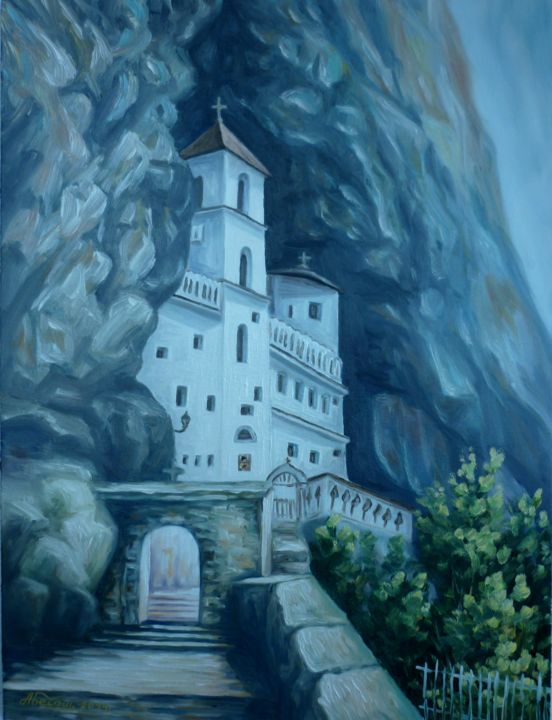 「Monastery Ostrog」というタイトルの絵画 Njegos Arnautによって, オリジナルのアートワーク, オイル