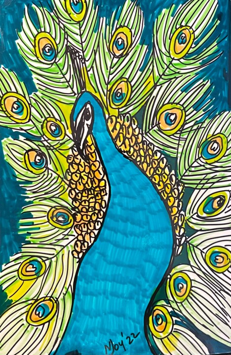 Drawing titled "Peacock Heaven" by Njoy, Original Artwork, Gel pen