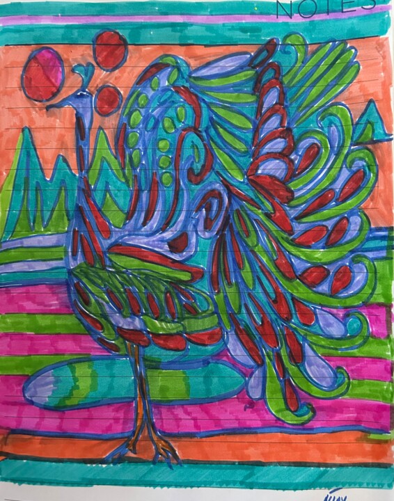 Drawing titled "Raspberry Peacock" by Njoy, Original Artwork, Gel pen