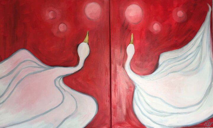 Painting titled "Blood Swans" by Njoy, Original Artwork, Oil
