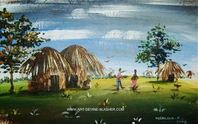 Painting titled "Village scene" by Nkolika Obiako-Anyabolu, Original Artwork, Oil
