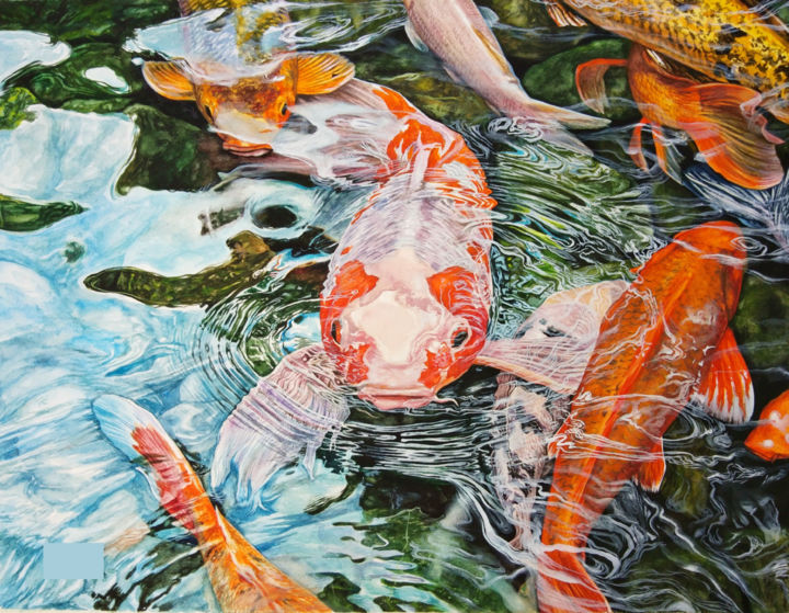 Peinture intitulée "Koi feeding" par Noah Sian, Œuvre d'art originale, Aquarelle