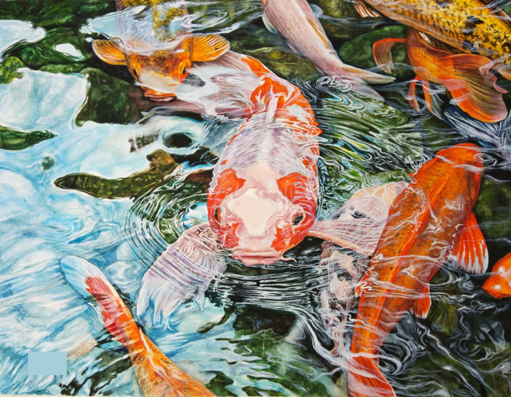 Painting titled "Koi feeding" by Noah Sian, Original Artwork, Watercolor