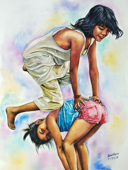 Painting titled "Luksong Baka" by Noah Sian, Original Artwork, Watercolor