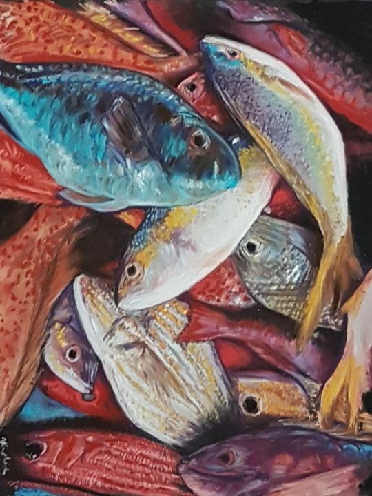 Pittura intitolato "fish life.jpg" da Nadia Sheikh, Opera d'arte originale, Pastello