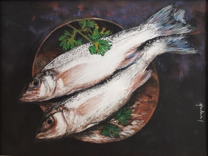 Painting titled "Two Fish" by Nadia Sheikh, Original Artwork, Pastel