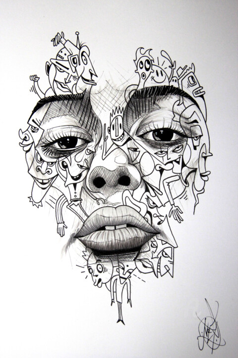 Drawing titled "Face TOON" by Art De Noé, Original Artwork, Ink