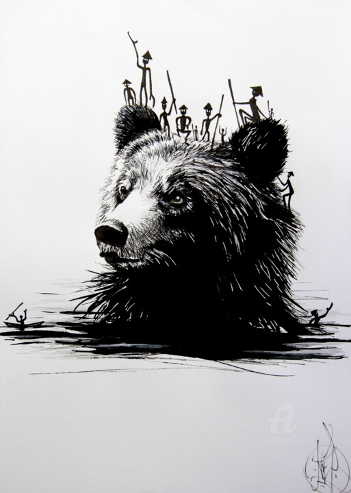 Dessin intitulée "The tribe an Bear" par Art De Noé, Œuvre d'art originale, Encre