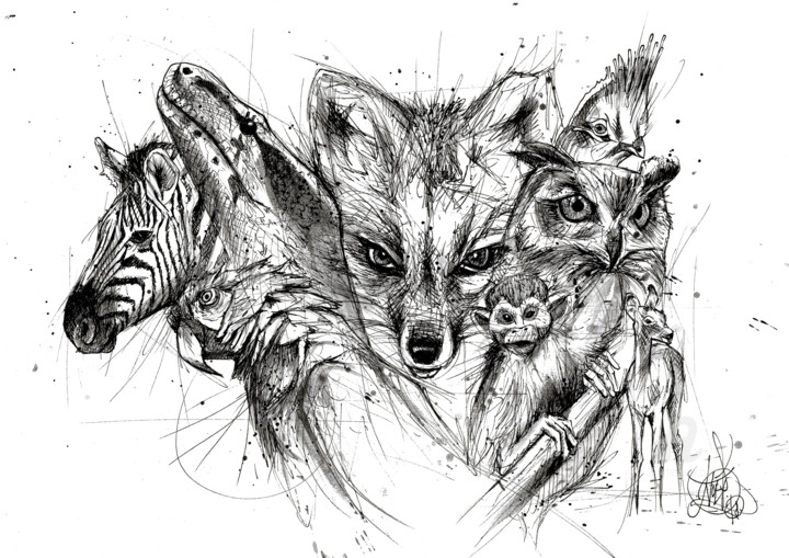 Drawing titled "Animals artwork" by Art De Noé, Original Artwork, Ink