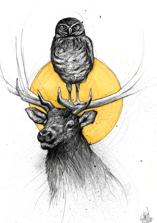 Dessin intitulée "Owl deer" par Art De Noé, Œuvre d'art originale, Encre
