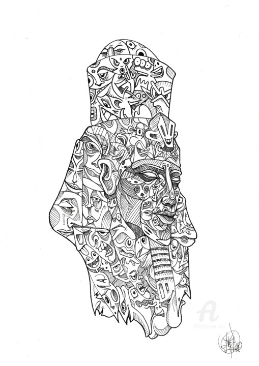 Drawing titled "Inked Akhenaton" by Art De Noé, Original Artwork, Ink