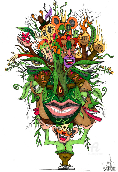 Рисунок под названием "Organic toon face's" - Noé Pauporté (Art de Noé), Подлинное произведение искусства, Чернила