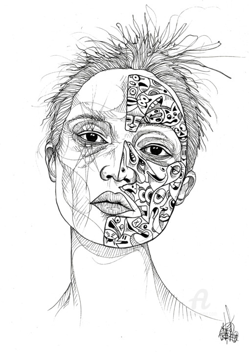 Drawing titled "Cartoon half mask" by Art De Noé, Original Artwork, Ink