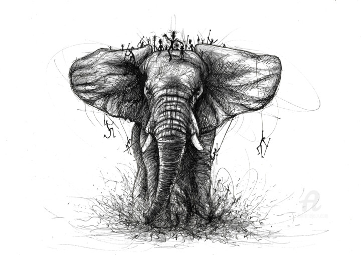 Dessin intitulée "Giant elephant" par Art De Noé, Œuvre d'art originale, Encre