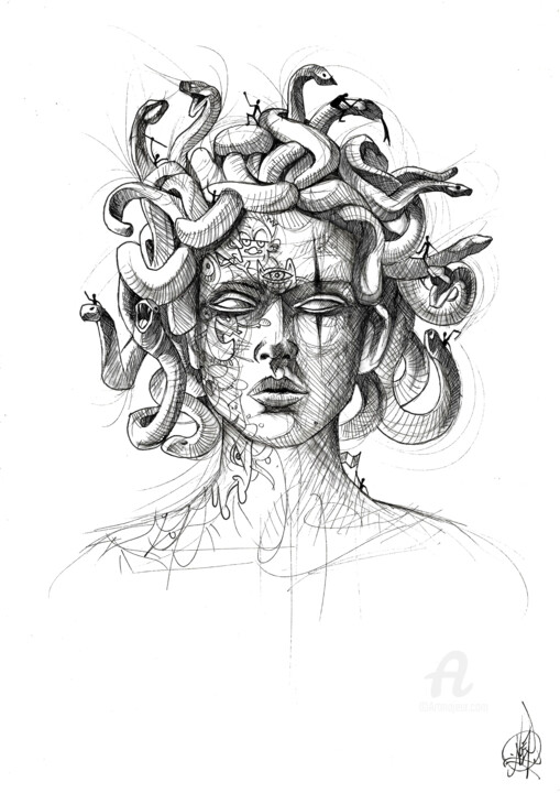 图画 标题为“Medusa” 由Art De Noé, 原创艺术品, 墨