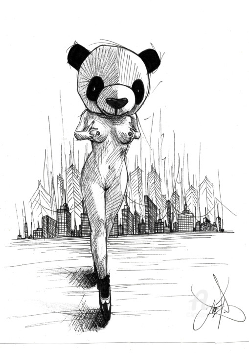 「Panda mask」というタイトルの描画 Art De Noéによって, オリジナルのアートワーク, インク