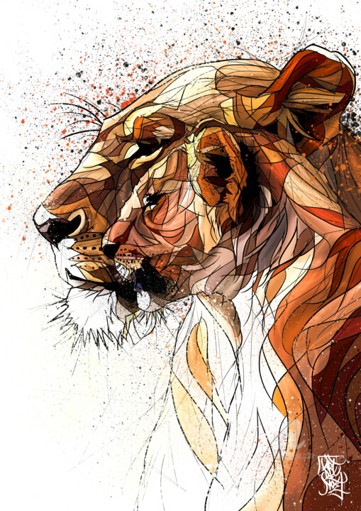 Digitale Kunst mit dem Titel "Lioness and lion cub" von Art De Noé, Original-Kunstwerk, Digitale Malerei