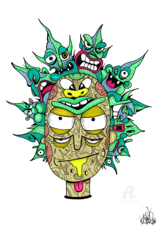 Tekening getiteld "Crazy Rick" door Art De Noé, Origineel Kunstwerk, Inkt