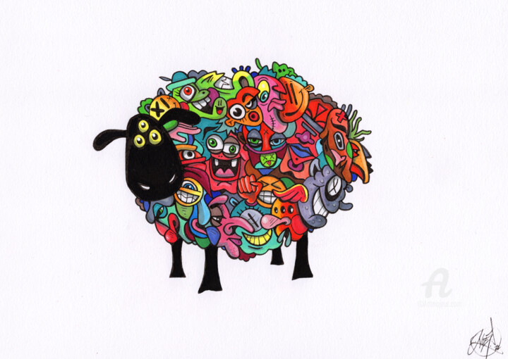 Drawing titled "Cartoons sheep colo…" by Noé Pauporté (Art de Noé), Original Artwork, Ink