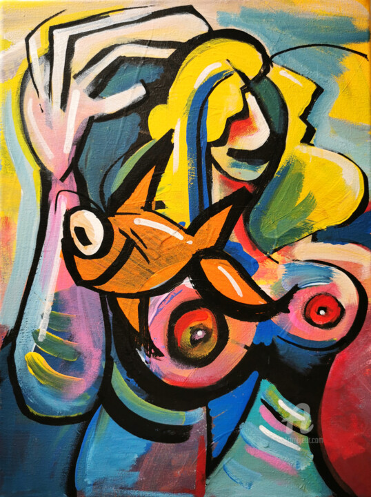 Painting titled "Femme poisson" by Art De Noé, Original Artwork, Acrylic Mounted on Wood Stretcher frame