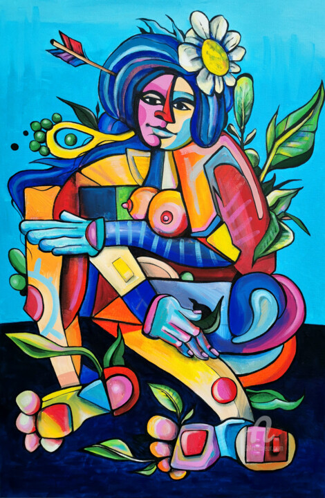 Painting titled "La femme fleur" by Art De Noé, Original Artwork, Acrylic Mounted on Wood Stretcher frame