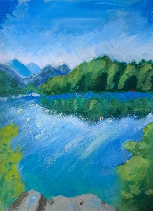 Malarstwo zatytułowany „Lac, forêt et monta…” autorstwa Noé Vallat, Oryginalna praca, Akryl