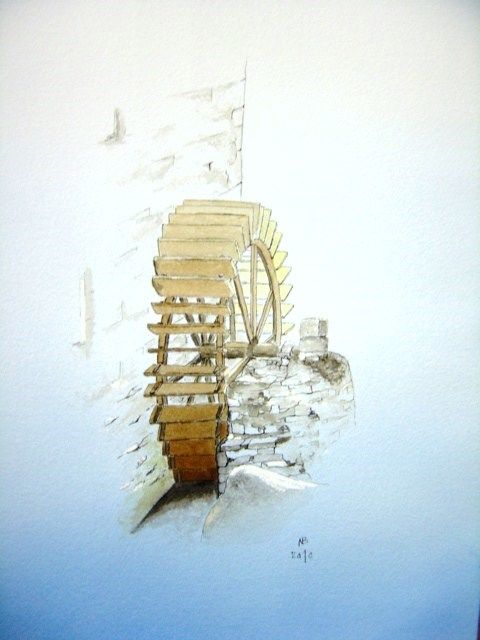 Peinture intitulée "roue de moulin à Po…" par Noël Barbot, Œuvre d'art originale