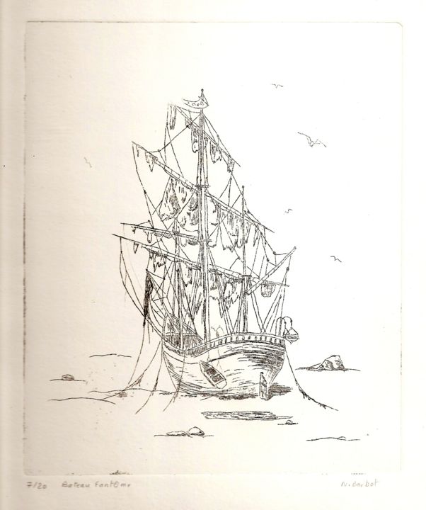 Printmaking titled "Bateau fantome" by Noël Barbot, Original Artwork, Engraving