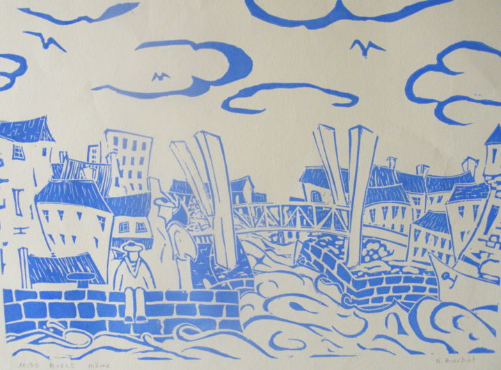 印花与版画 标题为“Brest même” 由Noël Barbot, 原创艺术品, Linocuts