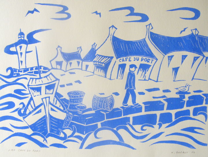 印花与版画 标题为“café du port” 由Noël Barbot, 原创艺术品, Linocuts