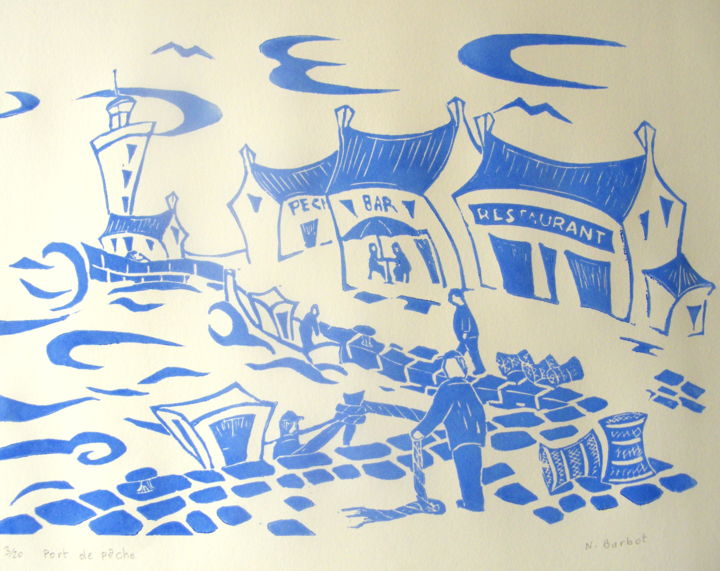 印花与版画 标题为“port-de-peche.jpg” 由Noël Barbot, 原创艺术品, Linocuts