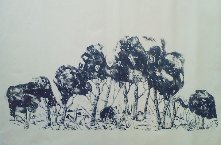 Druckgrafik mit dem Titel "Le solitaire" von Noël Barbot, Original-Kunstwerk, Holzschnitt