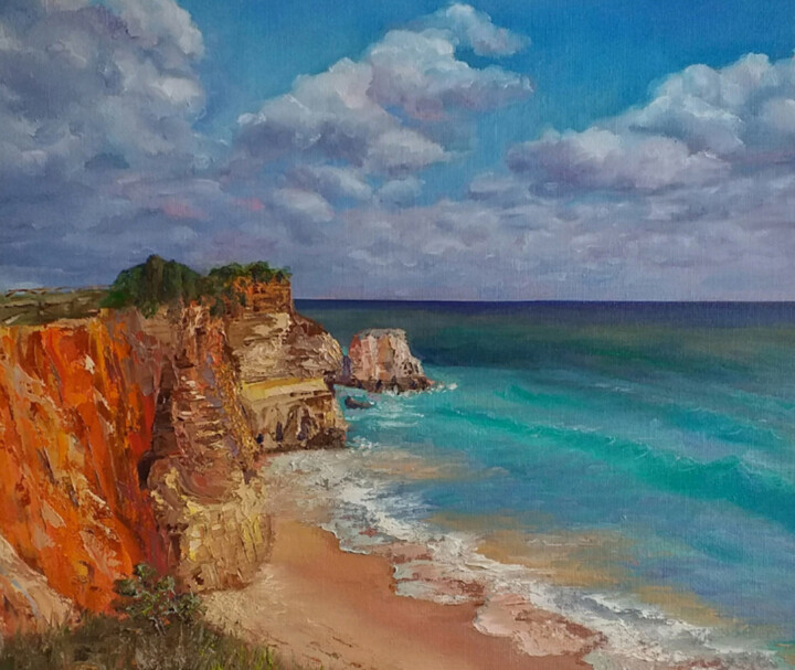 Painting titled "Falaises d'ocres à…" by Noelle Huin, Original Artwork, Oil Mounted on Wood Stretcher frame